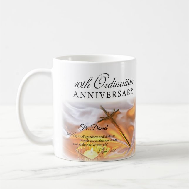 Personalise, 10th Ordination Anniversary, Cross Coffee Mug (Left)