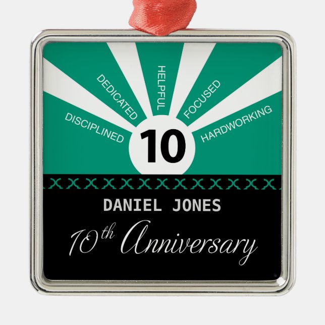 Personalise, 10th Year Employee Anniversary Metal Tree Decoration (Front)