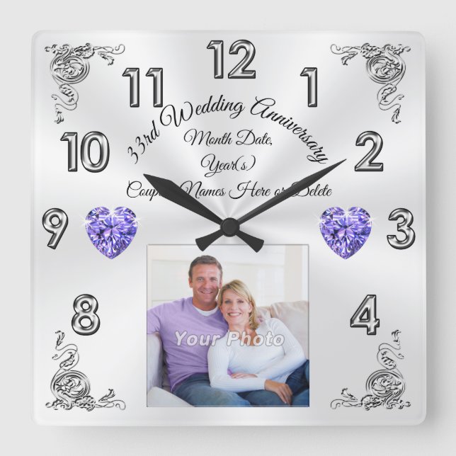 Personalise 33 Year Wedding Anniversary Gift Ideas Square Wall Clock (Front)