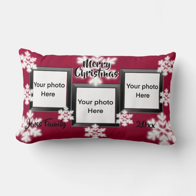 Personalise 3 photo holiday cheer snowflakes lumbar cushion (Front)