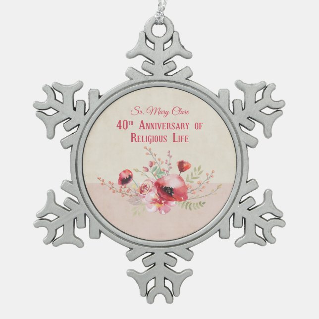 Personalise, 40th Anniversary Nun, Pink and Snowflake Pewter Christmas Ornament (Front)