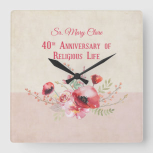 Personalise, 40th Anniversary Nun, Pink and Square Wall Clock