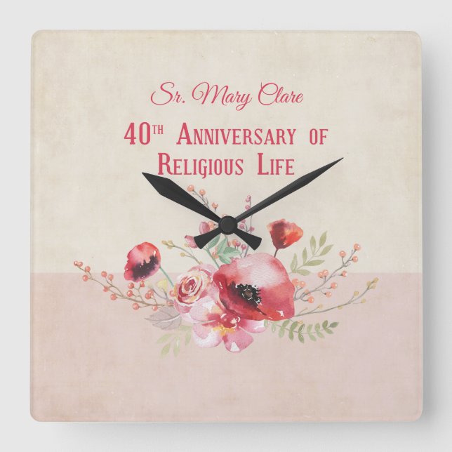 Personalise, 40th Anniversary Nun, Pink and Square Wall Clock (Front)