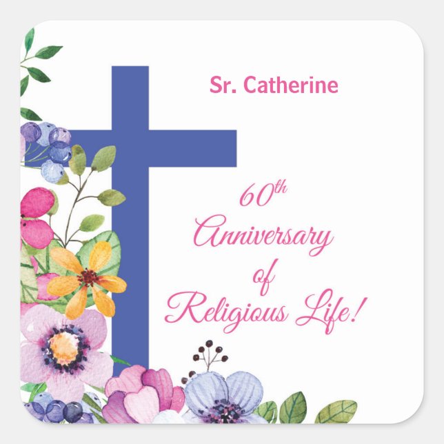 Personalise, 60th Anniversary Nun Religious Life Square Sticker (Front)