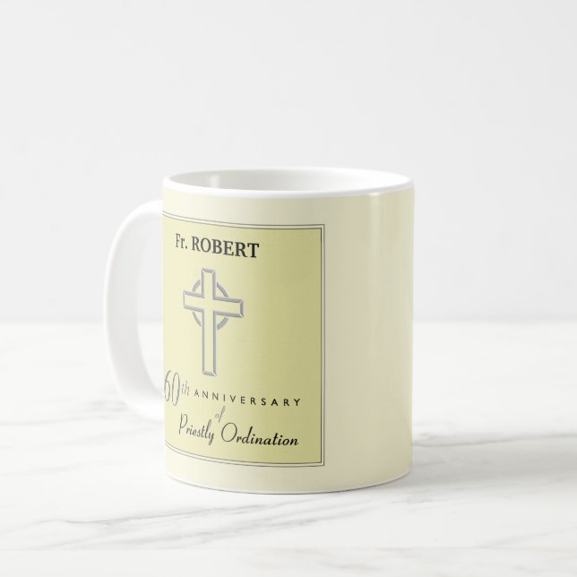 Personalise, 60th Anniversary of Priest Embossed Coffee Mug (Front Left)
