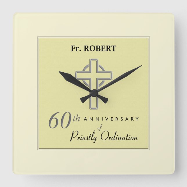 Personalise, 60th Anniversary of Priest Embossed Square Wall Clock (Front)