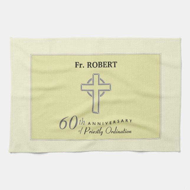 Personalise, 60th Anniversary of Priest Embossed Tea Towel (Horizontal)