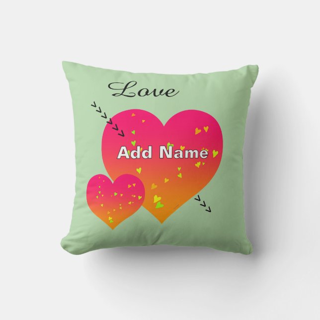  Personalise Add Name HEARTS Lt Green Throw Pillow (Front)