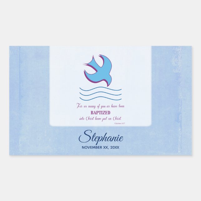 Personalise, Adult Baptism Dove on Blue Rectangular Sticker (Front)