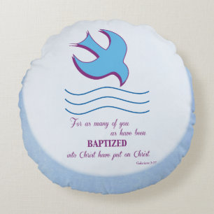 Personalise, Adult Baptism Dove on Blue Round Cushion