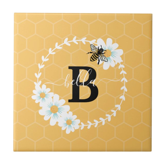 Personalise Alphabets Letters flowers and bee  Tile (Front)