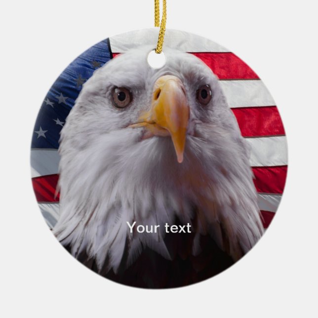 Personalise American Bald eagle and Flag Ceramic Tree Decoration (Front)