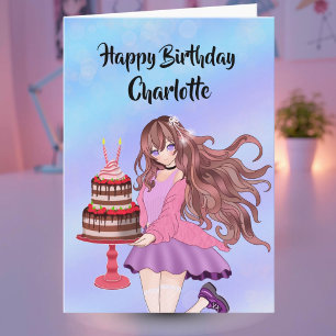 Personalise Anime Teenager Girl With Birthday Cake Card