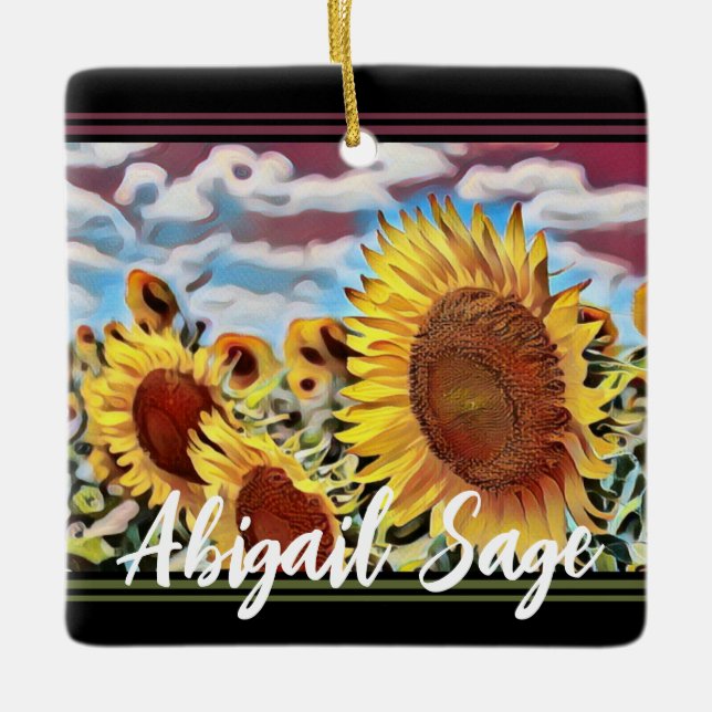 Personalise Artistic Field of Sunflowers Christmas Ceramic Ornament (Front)