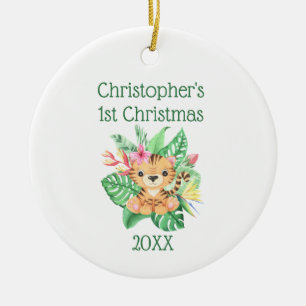 Personalise Baby 1st Christmas Baby Tiger Greenery Ceramic Tree Decoration