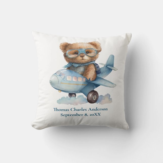 Personalise Baby Bear Aeroplane Nursery Decor  Cushion (Front)