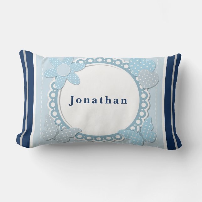 Personalise Baby Boy Blue Butterflies Flower Heart Lumbar Cushion (Front)