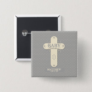 Personalise, Baby Dedication Cream & Grey Cross 15 Cm Square Badge