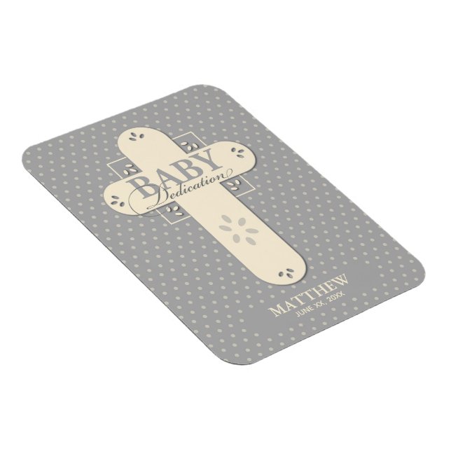 Personalise, Baby Dedication Cream & Grey Cross Magnet (Right Side)