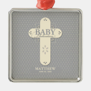 Personalise, Baby Dedication Cream & Grey Cross Metal Tree Decoration