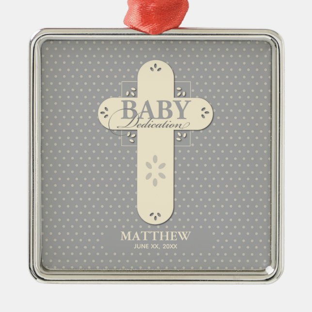 Personalise, Baby Dedication Cream & Grey Cross Metal Tree Decoration (Front)