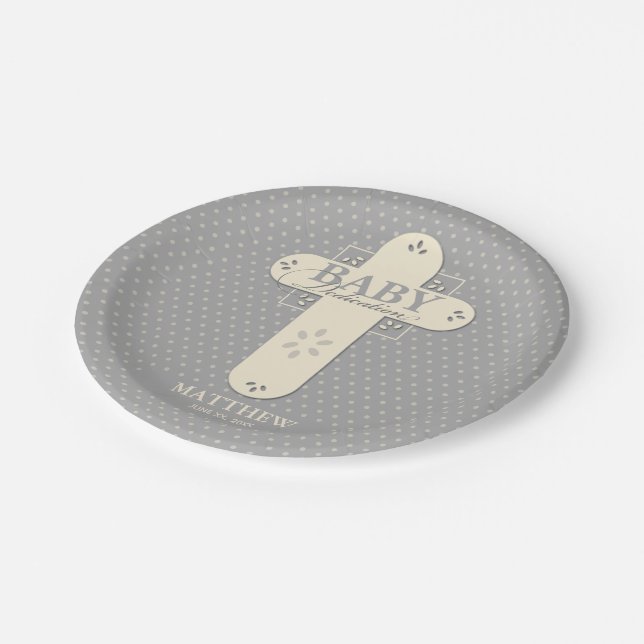 Personalise, Baby Dedication Cream & Grey Cross Paper Plate (Angled)
