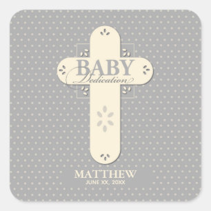 Personalise, Baby Dedication Cream & Grey Cross Square Sticker