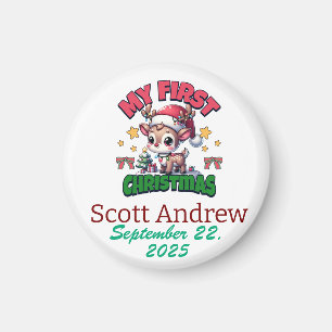 Personalise Baby First Christmas Brown Santa Deer Magnet
