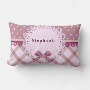 Personalise Baby Girl Pink Plaid Polka Dot  Lumbar Cushion