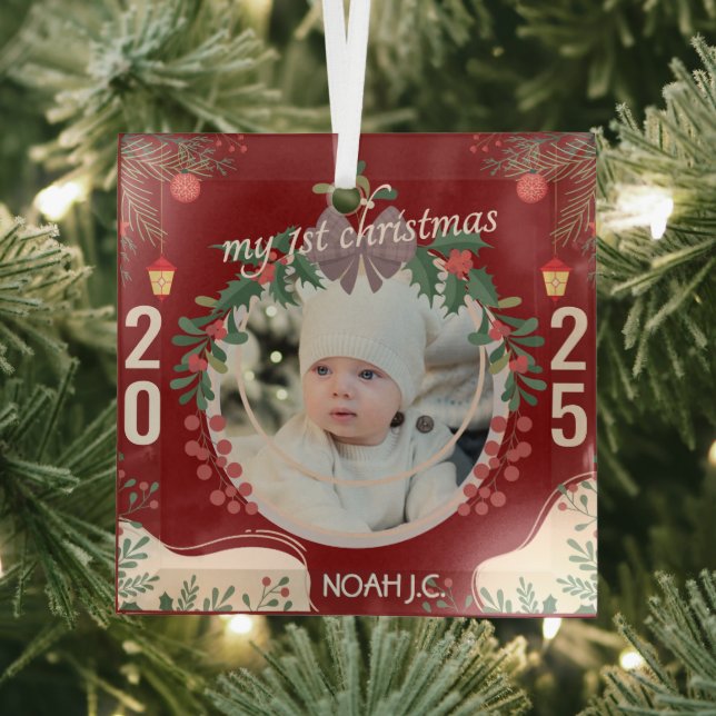 Personalise Baby's Name & Photo Glass Tree Decoration (Insitu)