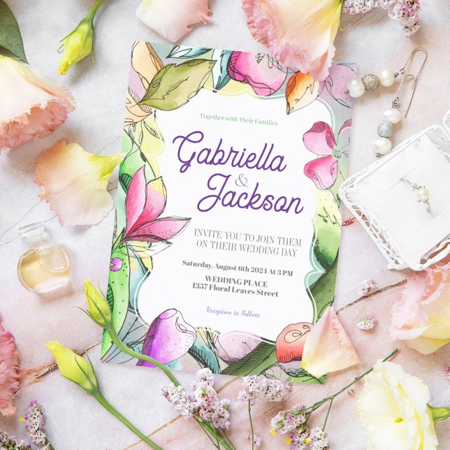 Personalise Beautiful Watercolor Outlined Flower Invitation (Creator Uploaded)