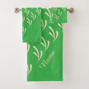 Personalise Beige Leaf Repeat Bright Green Bath Towel Set
