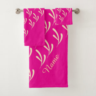 Personalise Beige Leaf Repeat Hot Pink Bath Towel Set