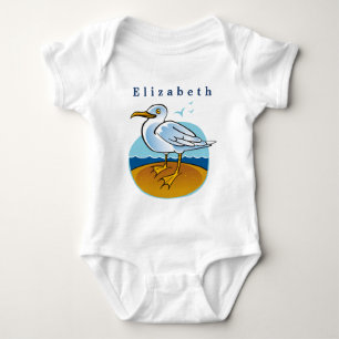 Personalise Bird Seagull on Brown Sandy Beach Baby Bodysuit