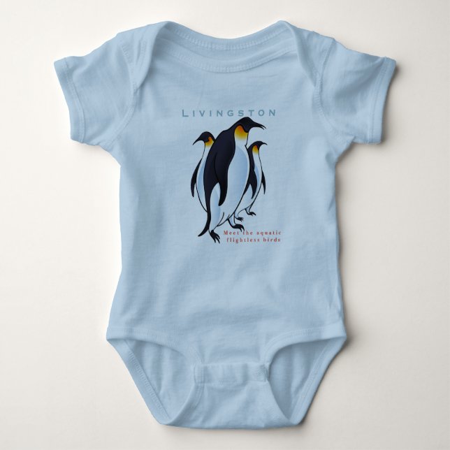 Personalise Birds Penguins Blue Baby Boy Bodysuit (Front)