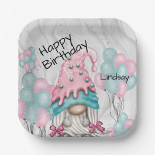 Personalise Birthday Gnome for her Pink Turquoise  Paper Plate