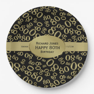 Personalise: Black and Gold 80th Birthday Theme Paper Plate