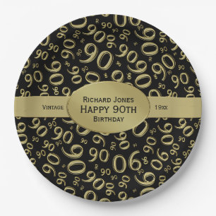 Personalise:  Black and Gold 90th Birthday Theme Paper Plate