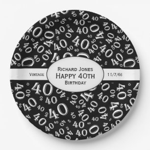 Personalise: Black and White 40th Birthday Theme Paper Plate
