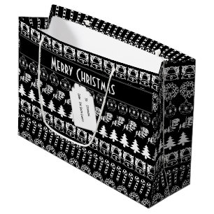 Personalise: Black and White Christmas Stripes Large Gift Bag