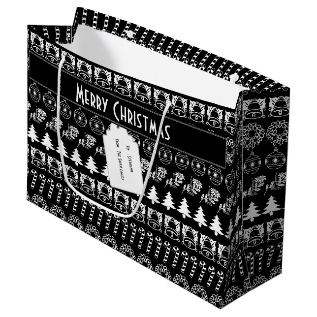 Personalise: Black and White Christmas Stripes Large Gift Bag (Front Angled)