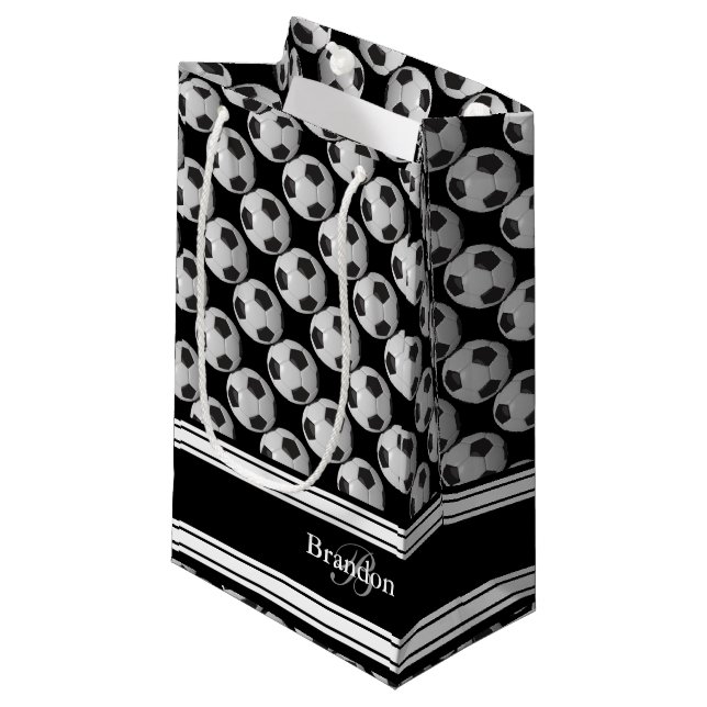 Personalise Black and White Soccer Balls Small Gift Bag (Front Angled)