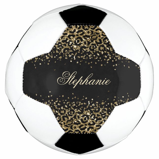 Personalise Black Gold Leopard Print Glitter Girls Soccer Ball (Front)
