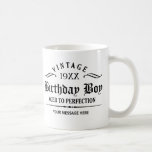 Personalise Black Gothic Script Funny Birthday Mug<br><div class="desc">Black Gothic script on white mug. Vintage 1944 1945 1946 1947 1948 1949 1950 1951 1952 1953 1954 1955 1956 1957 1958 1959 1960 1961 1962 1963 1964 1965 1966 1967 1968 1969 1970 1971 1972 1973 1974 1975 1976 1977 1978 1979 1980 1981 1982 1983 1984 Aged to Perfection....</div>