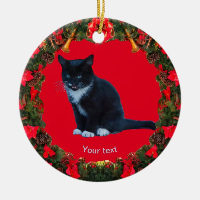 Personalise Black Kitten Tuxedo sitting Meows  Ceramic Tree Decoration (Front)
