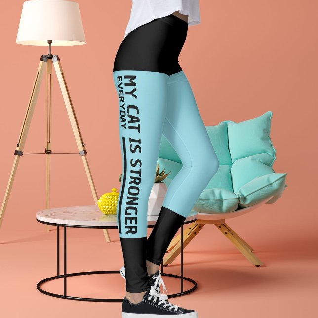 Personalise Black Robin Egg Blue Stripes Cat Retro Leggings (Creator Uploaded)