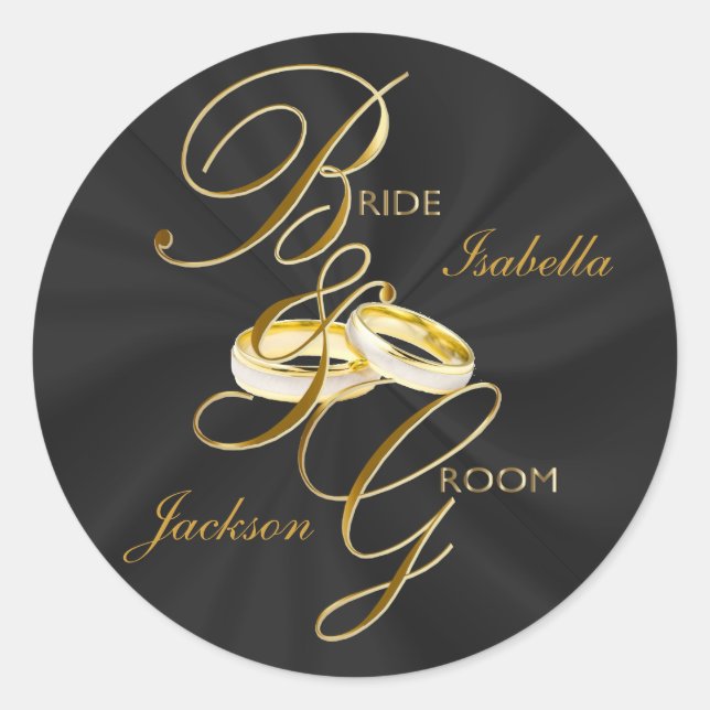 Personalise Black Satin & Gold Wedding Rings Classic Round Sticker (Front)