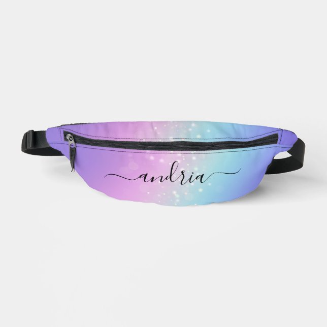 Personalise Black Script Name on Bokeh Stars Bum Bags (Front)