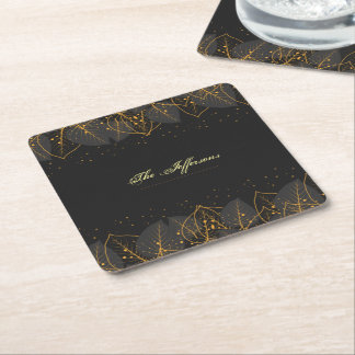 Personalise Black with Gold Leaf Border Square Paper Coaster