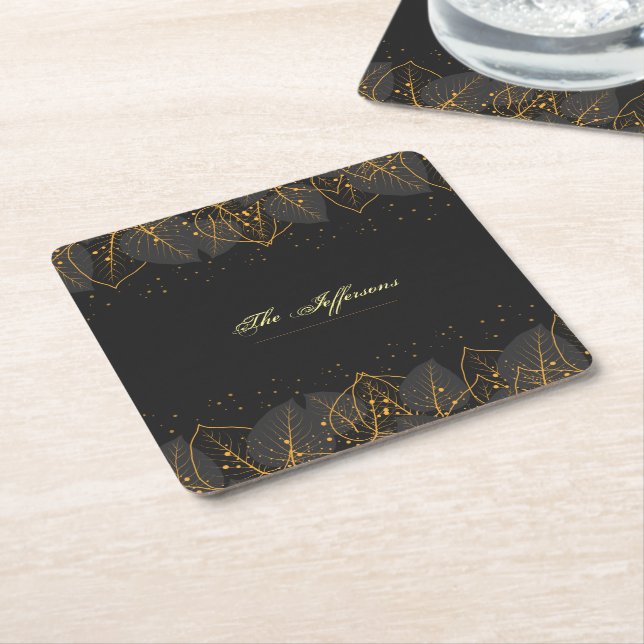 Personalise Black with Gold Leaf Border Square Paper Coaster (Angled)